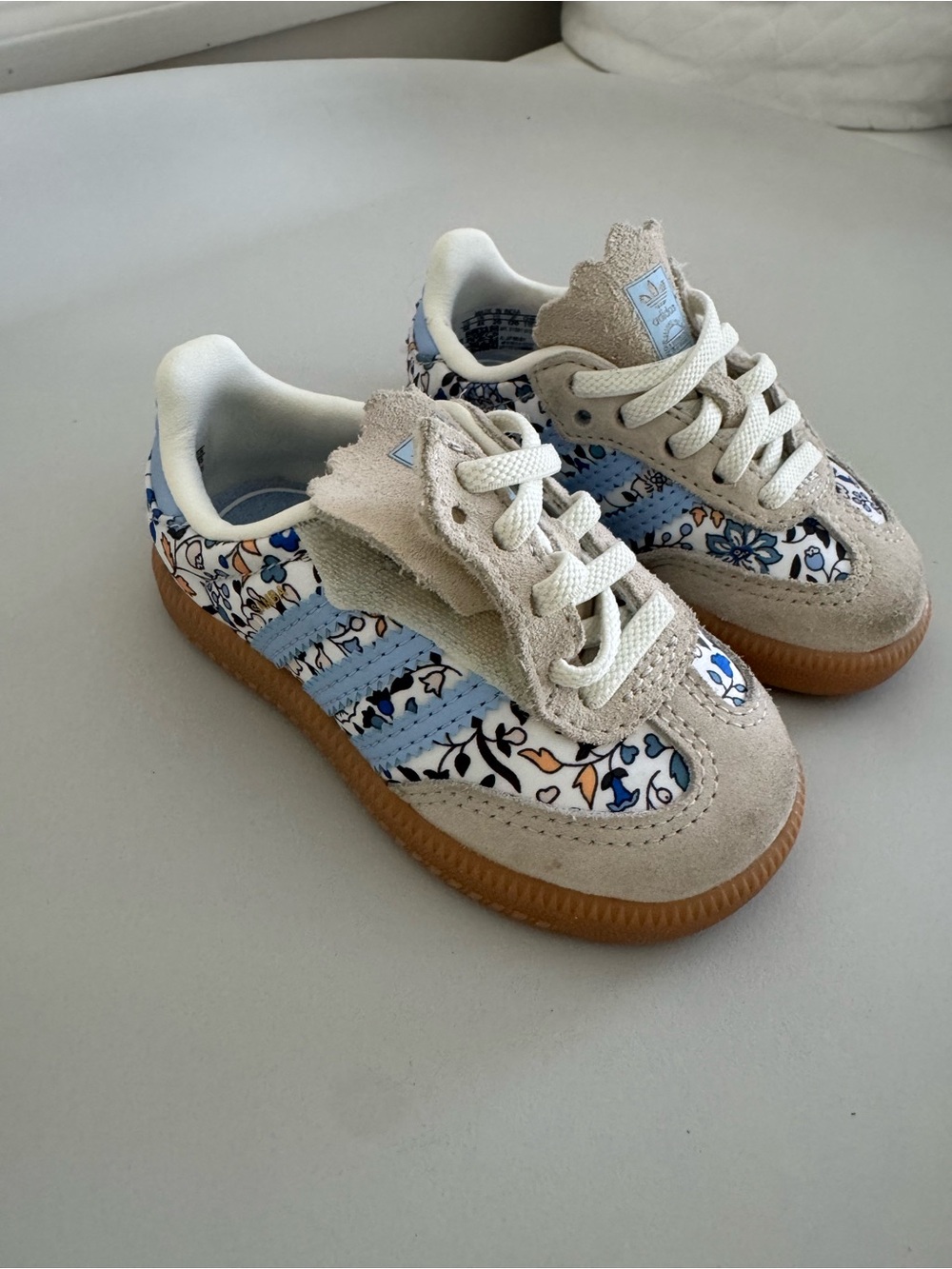 adidas Kids Beige Suede & Light Blue Floral Sneakers with Gum Sole